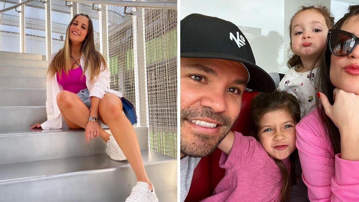 Nina Altuve sitting on stairs. Right: Jose Altuve with his wife Nina and their two daughters.