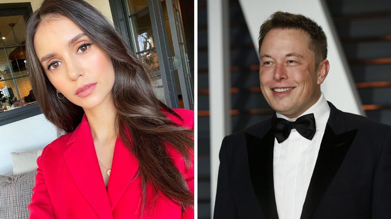 Nina Dobrev wearing a red top. Right: Elon Musk in a suit.