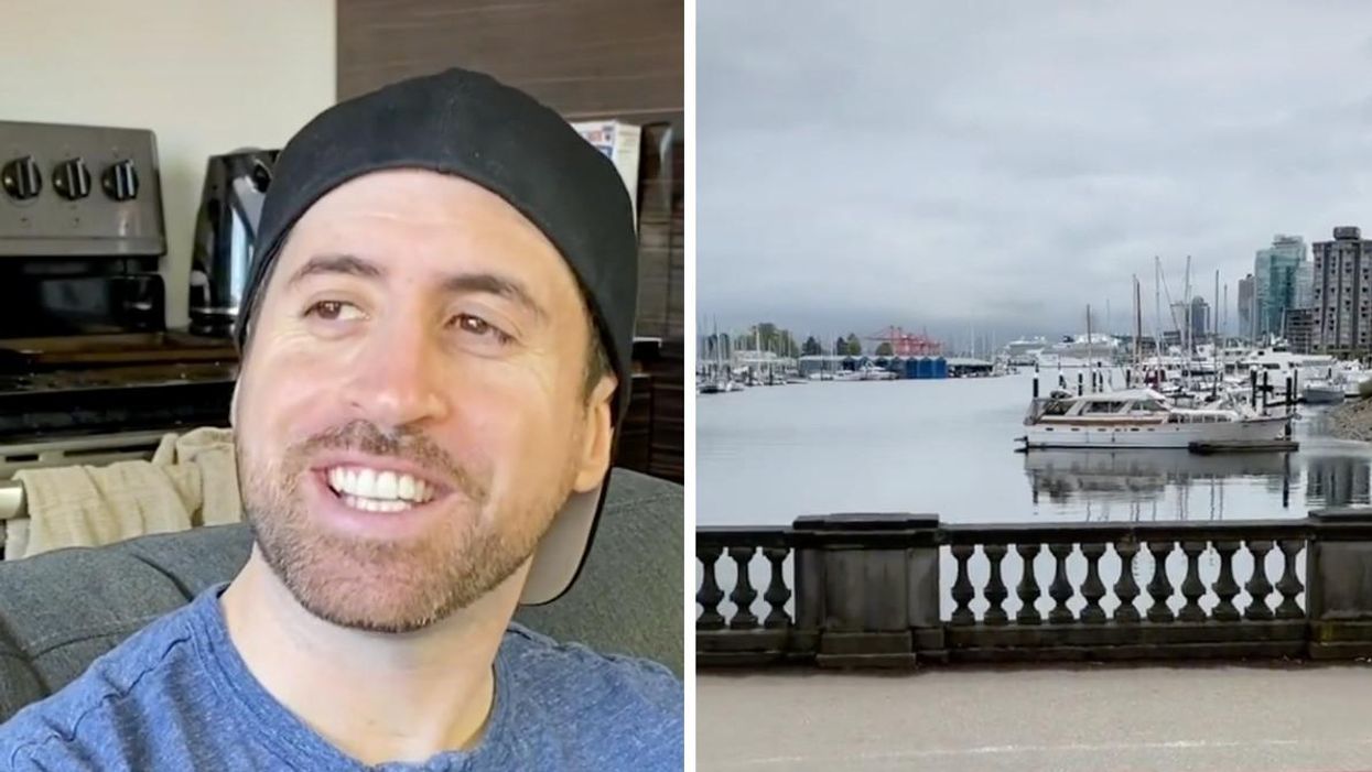 Nir Guzinski making a TikTok. Right: Vancouver seawall.
