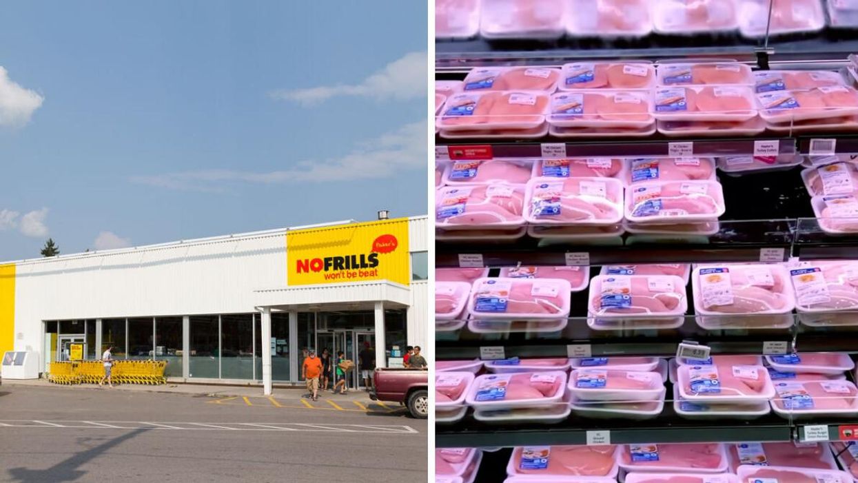 No Frills store. Right: Packages of chicken.