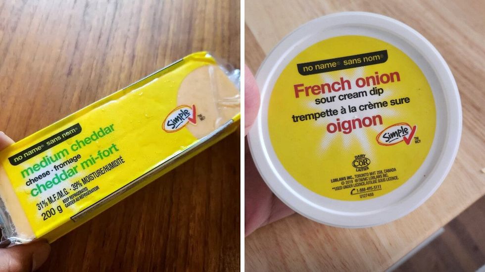 No name medium cheddar cheese from No Frills. Right: No name French onion sour cream dip from No Frills.