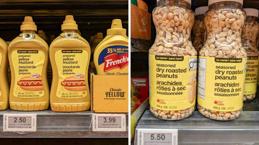 No name mustard on a shelf in the grocery store. Right: No name peanuts.