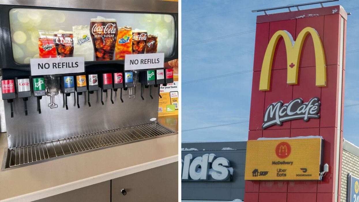 No refills sign at a McDonald's in Toronto. Right: McDonald's Canada logo.
