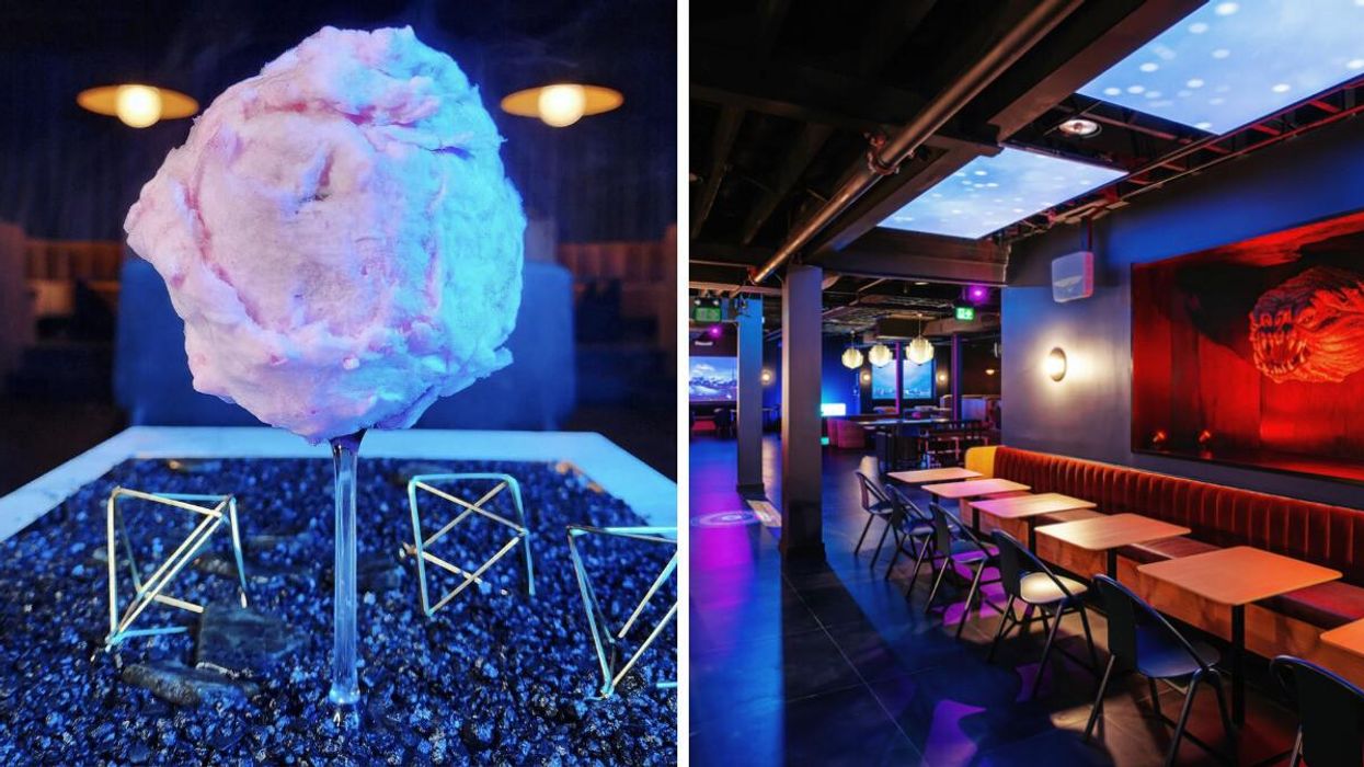 No Tribble cocktail. Right: Interior of Offworld Bar.