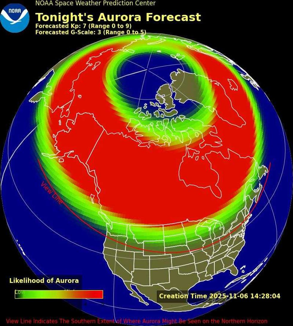 noaa northern lights forecast on a map of canada and america
