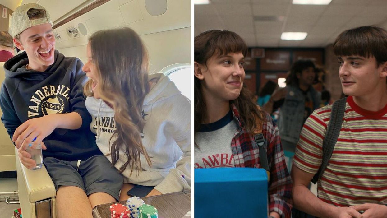 Noah and Chloe Schnapp. Right: Millie Bobby Brown and Noah Schnapp in Stranger Things.