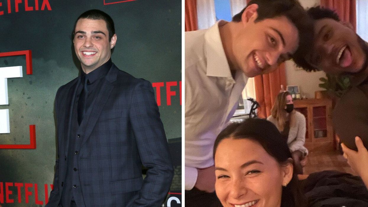 Noah Centineo at The Recruit Netflix series premiere in L.A. in December 2022. Right: The cast of The Recruit.