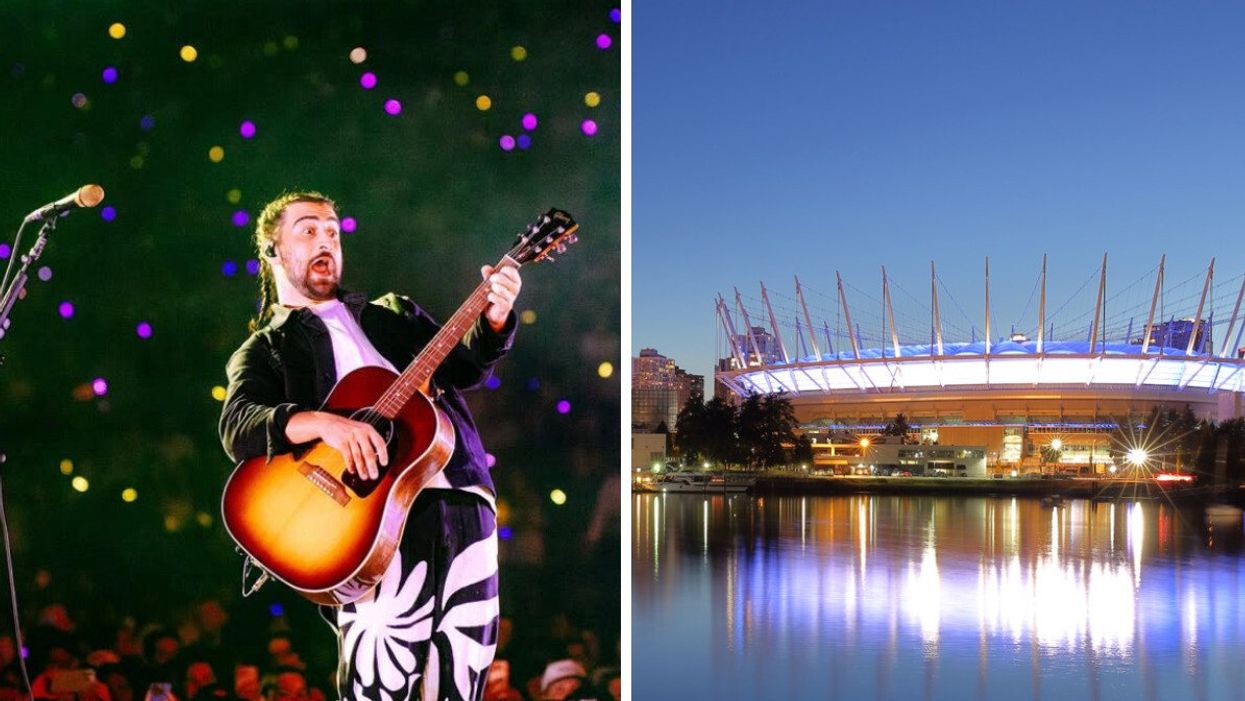Noah Kahan preforming. Right: BC Place.