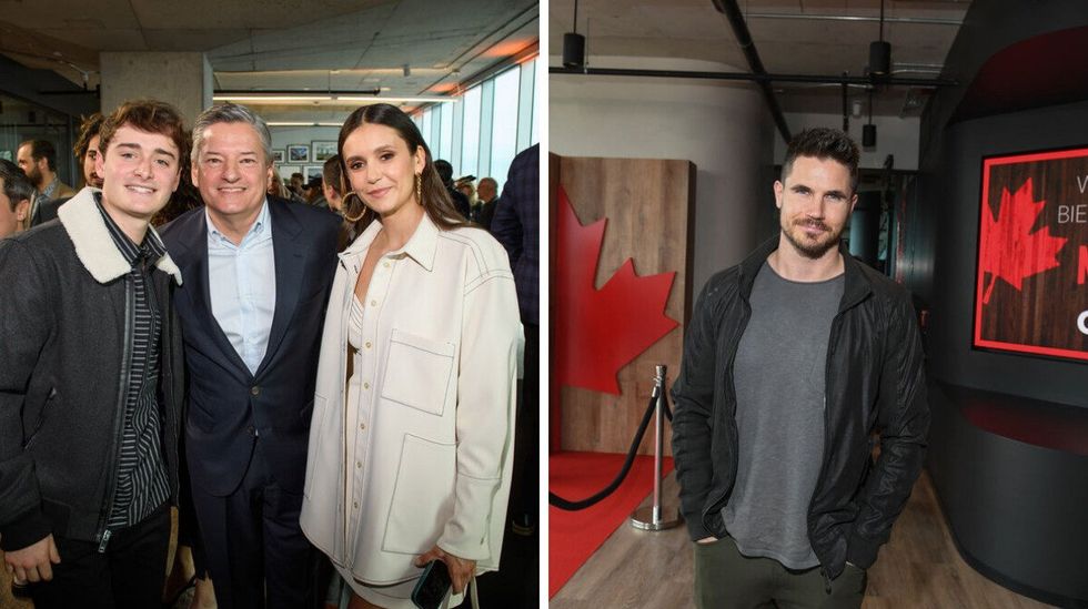 Noah Schnapp, Netflix Canada CEO Ted Sarandos and Nina Dobrev. Right: Robbie Amell.
