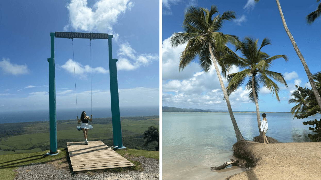 Noémi à la Montaña Redonda, sur une balançoire. Droite : Noémi à la plage à Miches en République dominicaine.