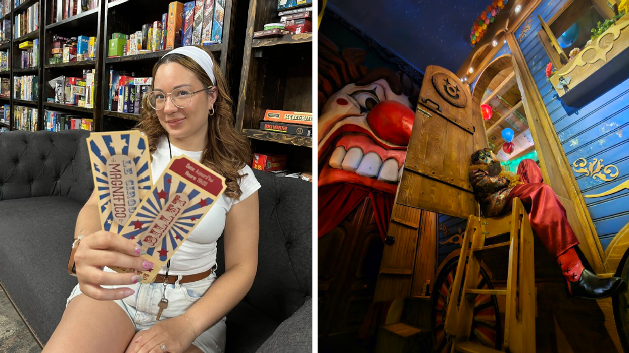 Noémi avec les billets du Cirque Magnifico. Droite : Un personnage dans le décor du jeu d'évasion Cirque Magnifico.