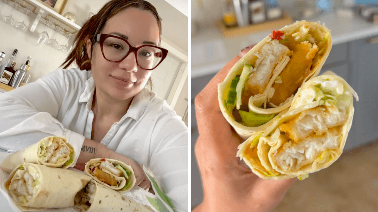 Noémi avec les McWraps au poisson et sauce chili doux et à la sauce chipotle crémeuse. Droite : L'intérieur des McWraps au poisson et sauce chili doux et à la sauce chipotle crémeuse.