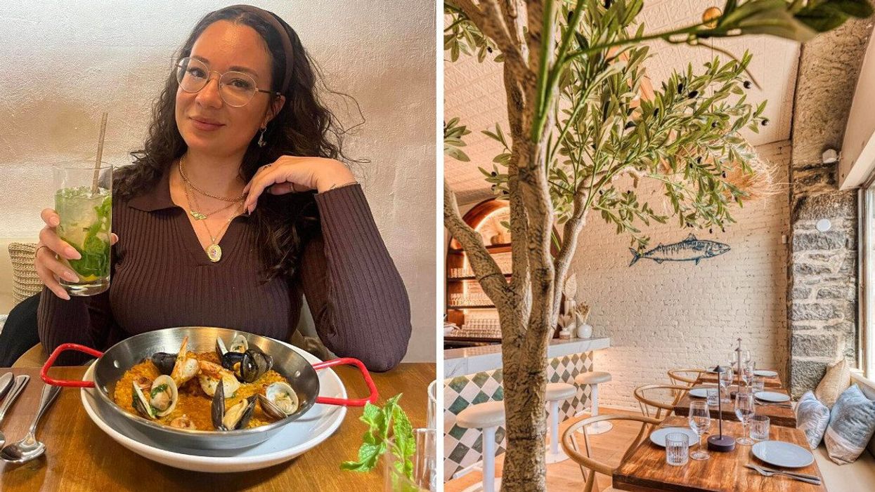 Noémi Lincourt de Narcity Québec devant une paella d'un restaurant de cuisine espagnole à Montréal. Droite : Le décor inspiré du sud de l’Espagne.