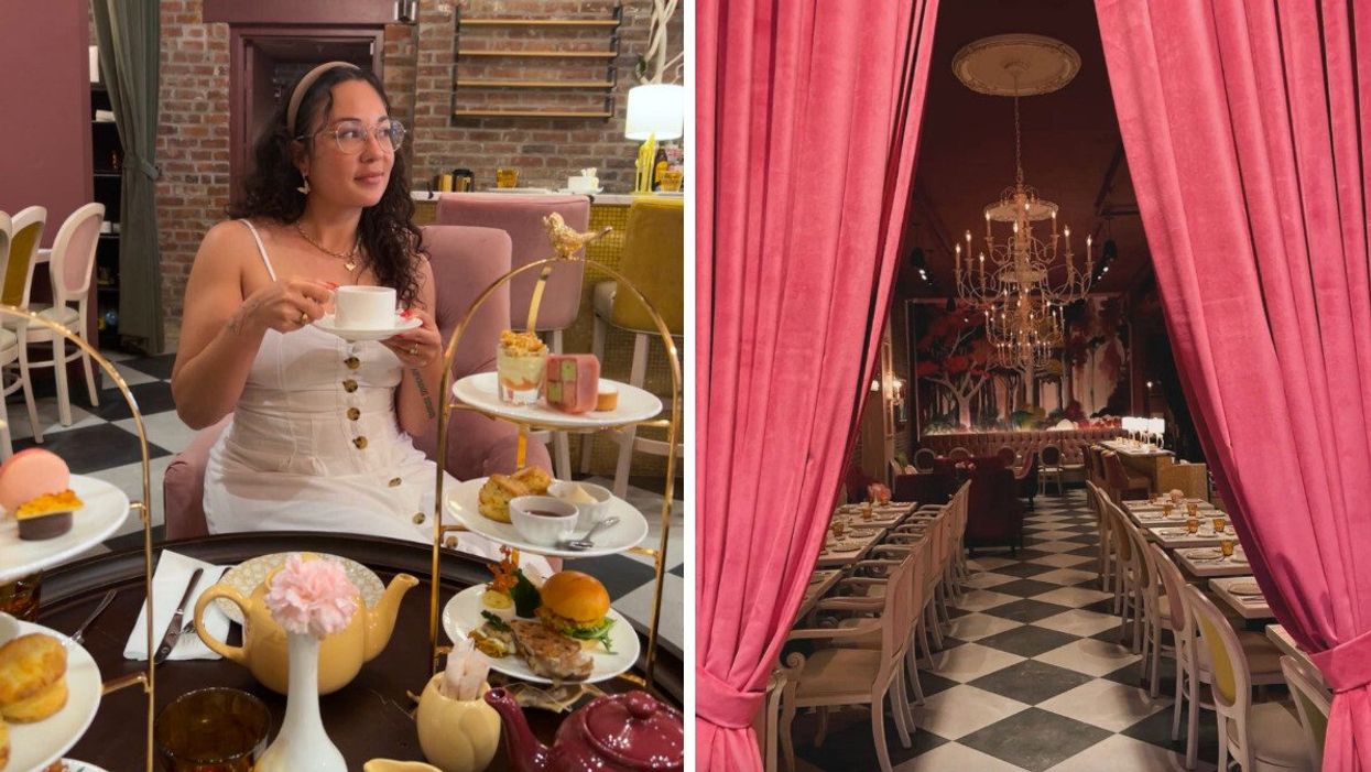 Noémi prend le thé. Droite : le salon de thé.