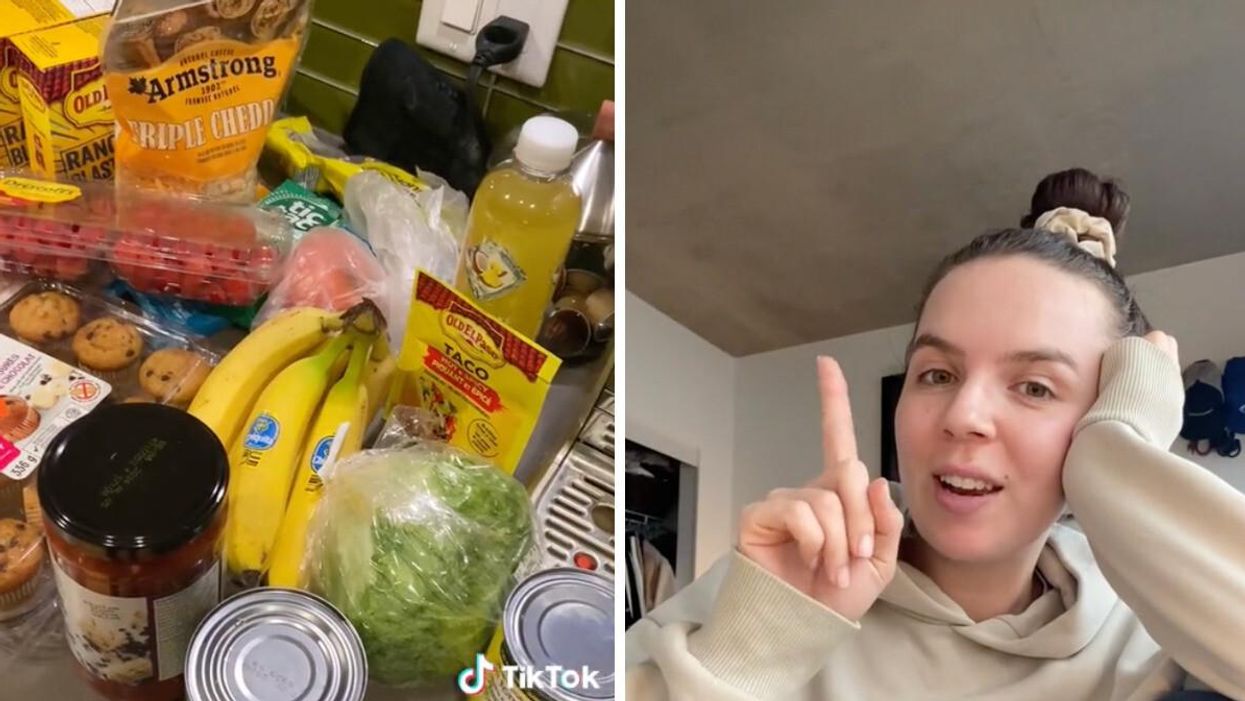 NoFrills groceries on a kitchen counter. Right: Canadian Tiktoker.