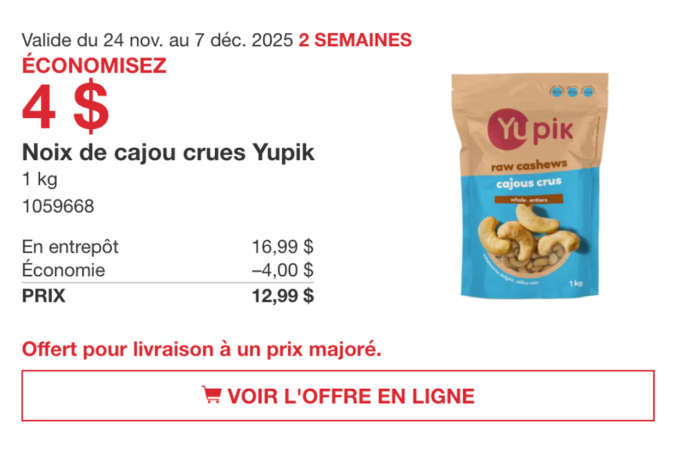 Noix de cajou crues Yupik sur le site de Costco.