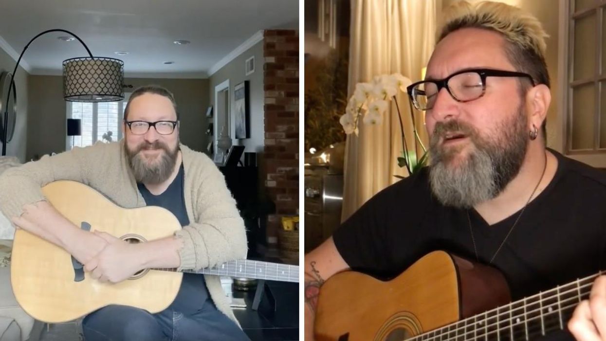 Noland Neal posing with his guitar. Right: Nolan Neal singing.