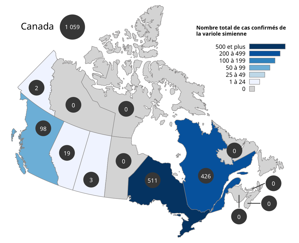 Nombre de cas de variole simienne confirm\u00e9s au Canada par province.