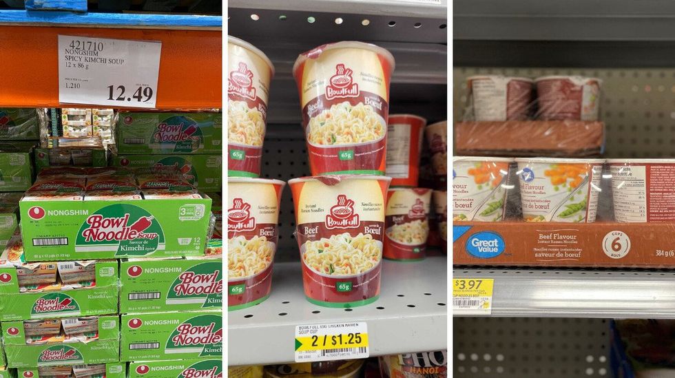 Nongshim instant noodles at Costco. Middle: BowlFull instant noodles at Dollarama. Right: Great Value instant noodles at Walmart.