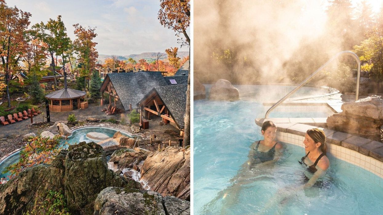Nordik Spa-Nature during the fall season. Right: Two women smile and soak in a steaming pool at Strøm Nordic Spa.