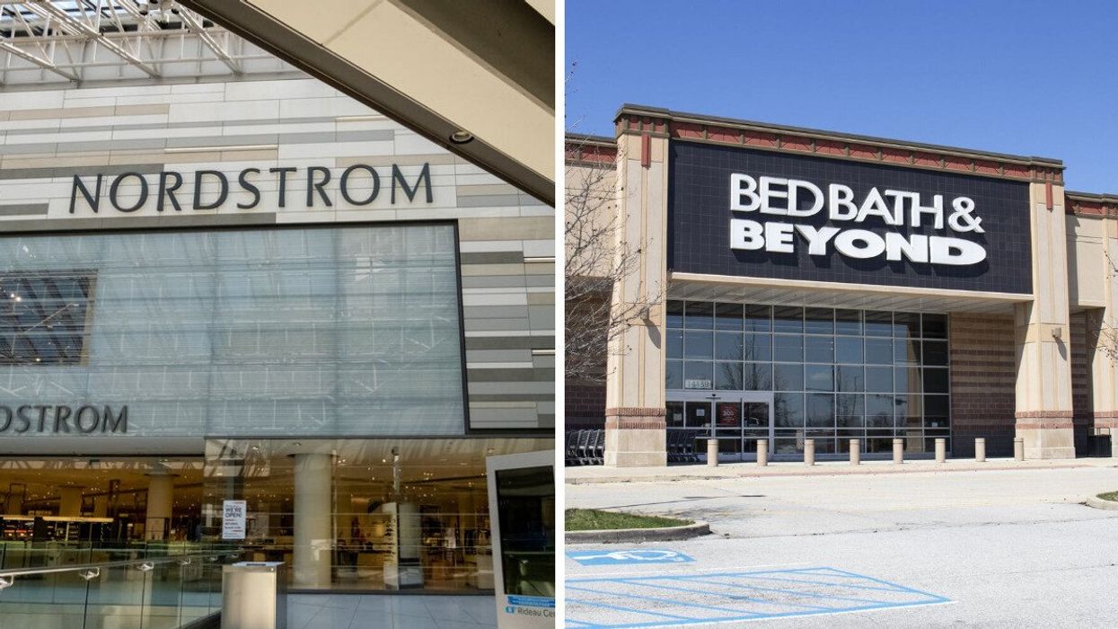 nordstrom storefront in a mall in ottawa. right: exterior of a bed bath and beyond store