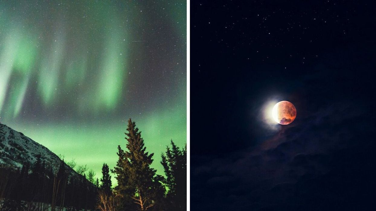 norrthern lights in sky over canada. right: moon turning red during total lunar eclipse