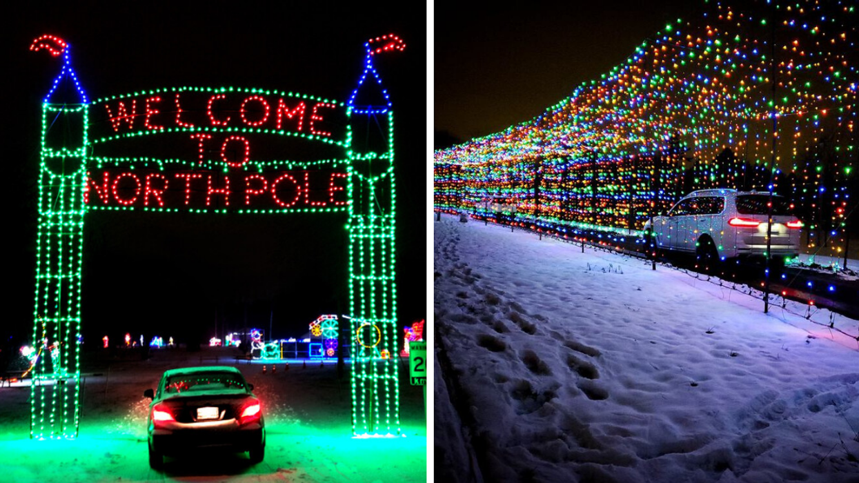 North Pole sign in glowing lights. Right: Rainbow light holiday tunnel.
