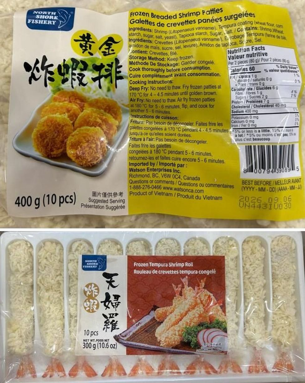 North Shore Fishery Frozen Breaded Shrimp Patties, 400 g, and Tempura Shrimp Roll, 300 g.