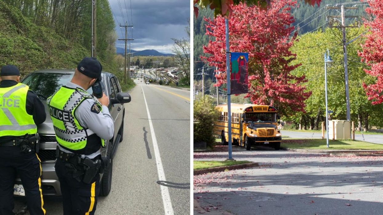 North Vancouver RCMP. Right: A school bus.