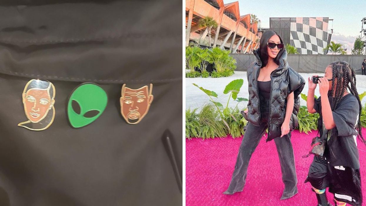 North West's backpack. Right: Kim Kardashian and North West.