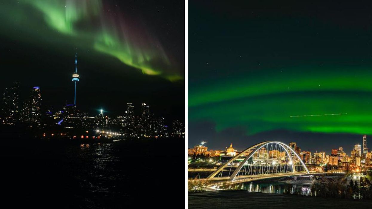 Northern lights and stars in the sky above the CN Tower in Toronto. Right: The northern lights and a constellation over Edmonton.