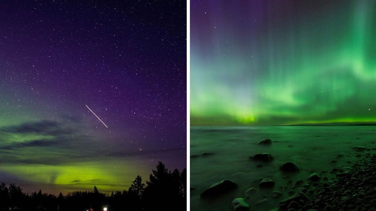 Northern lights at Manitoulin Eco Park in Ontario. Right: An aurora over Lake Superior in Algoma.