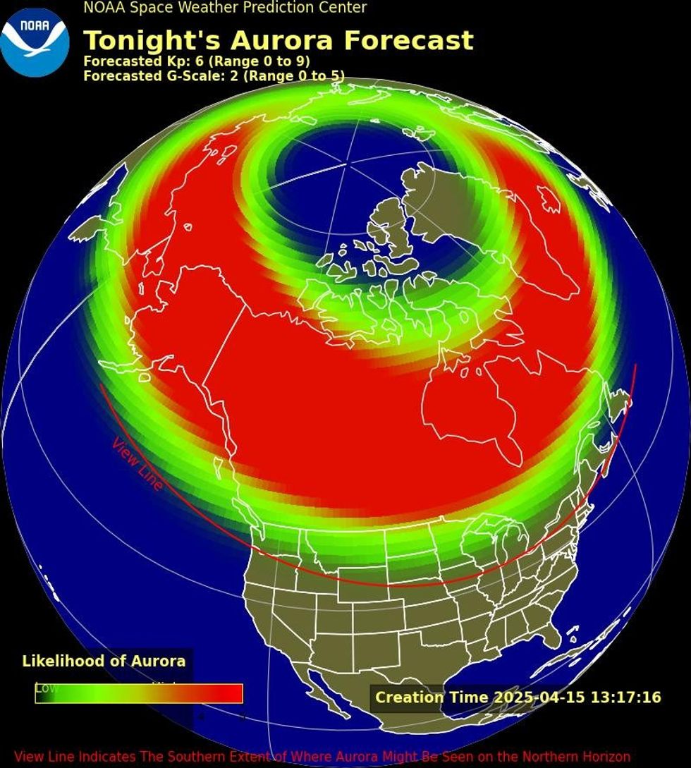 northern lights forecast in green and red on a map of north america