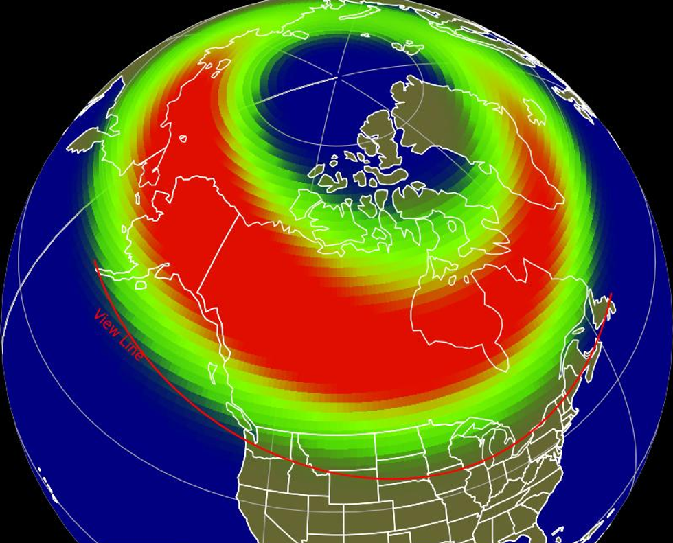 northern lights forecast map of canada for july 26 2025 with red and green to show intensity
