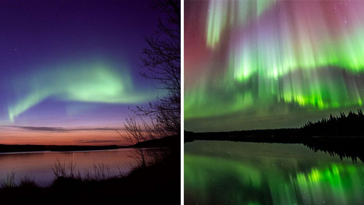 Northern lights glowing over a lake. Right: Northern lights reflecting off a lake.