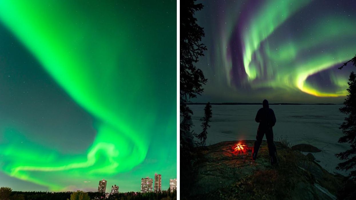 Northern lights in Edmonton. Right: Person looking at the northern lights in Saskatchewan.