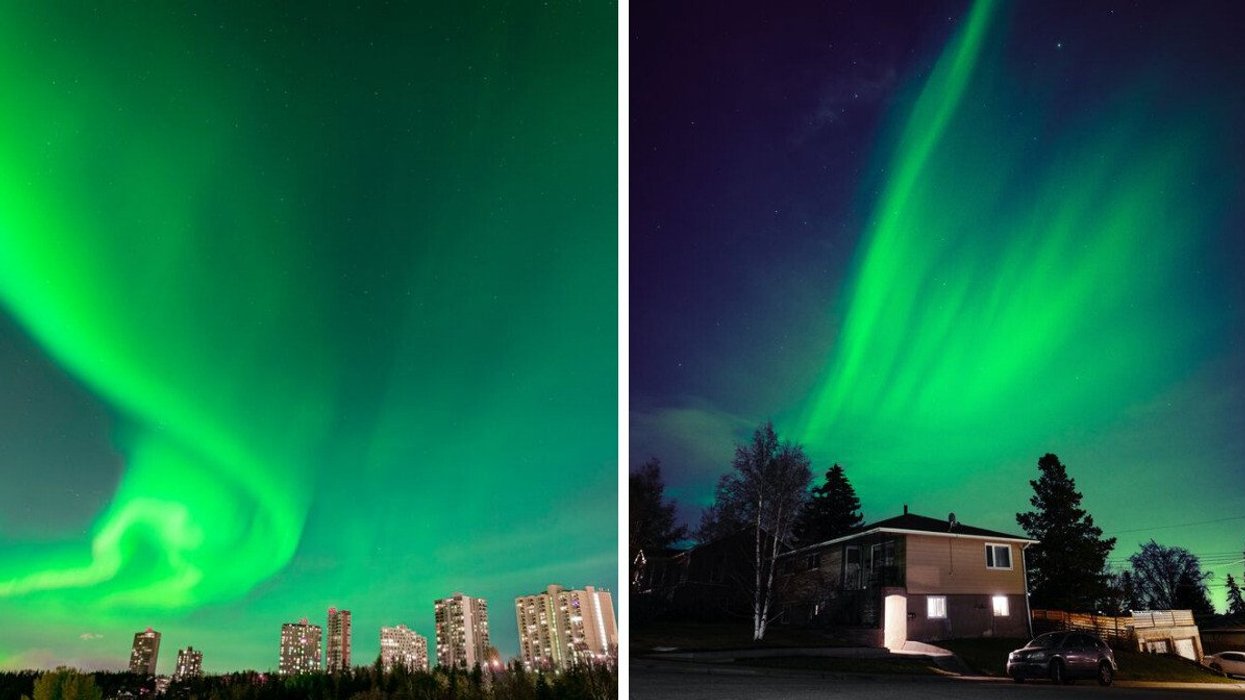 Northern lights in the sky above apartment buildings. Right: Northern lights over a neighbourhood.