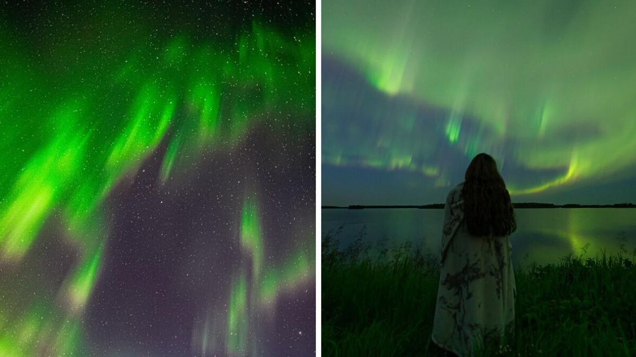 Northern lights in the sky over Canada. Right: Person looking at the northern lights in Saskatchewan.