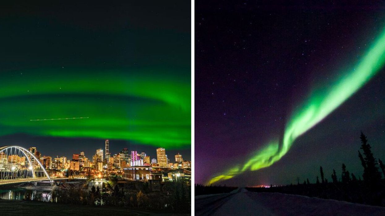 Northern lights in the sky over Edmonton. Right: Northern lights streak across the sky in Northwest Territories.