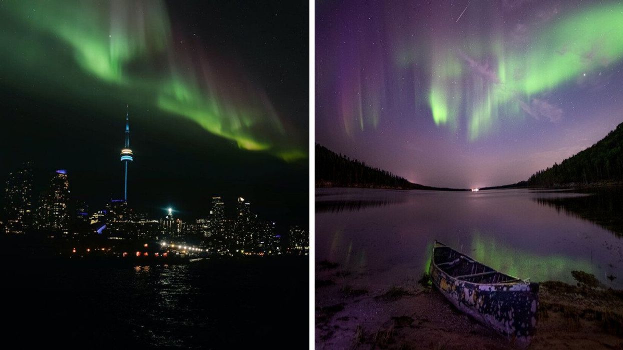 Northern lights in the sky over Toronto. Right: Northern lights reflecting off a lake in Saskatchewan.