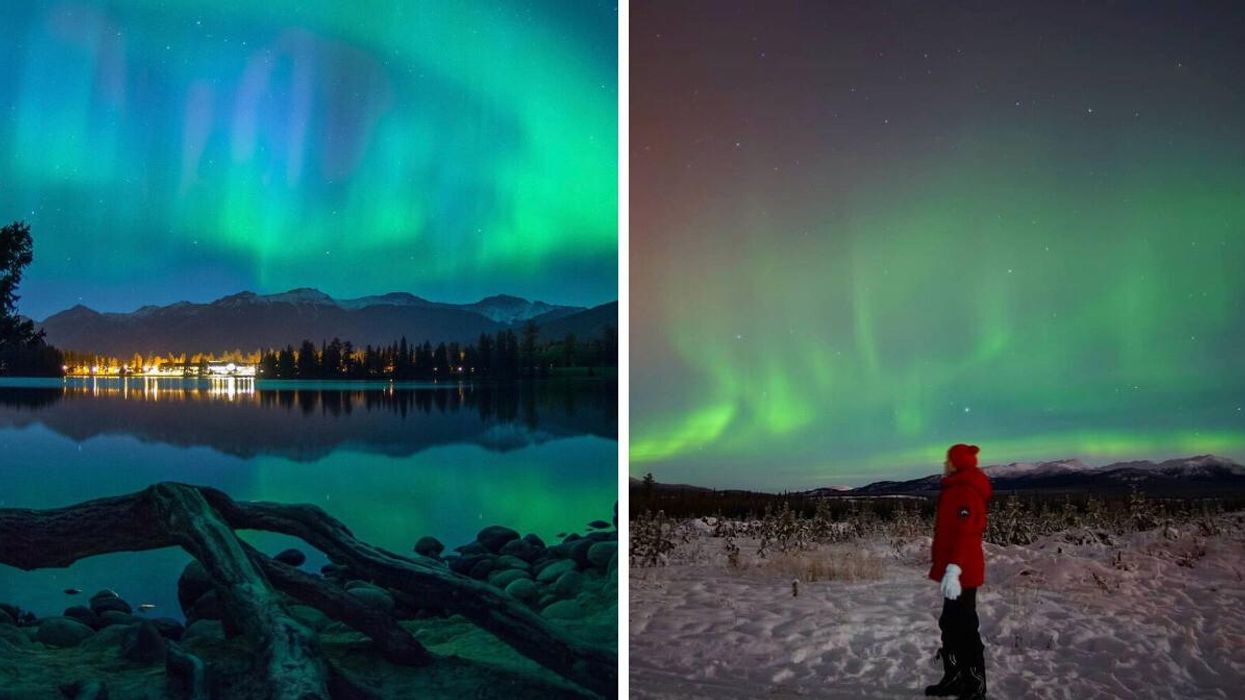 Northern lights over Fairmont Jasper Park Lodge. Right: Person watching the northern lights at AuroraCentre.