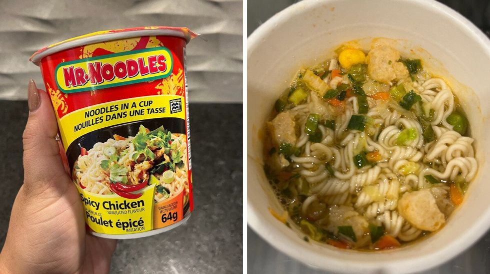 Nouilles ramen de la marque Mr.Noodles \u00e0 saveur de poulet \u00e9pic\u00e9.