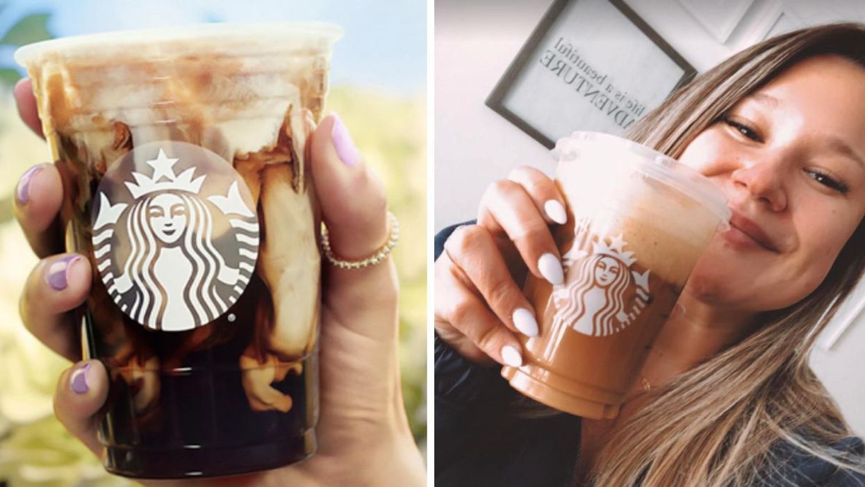 Nouveau café glacé à la vanille grillée de Starbucks. Droite : Izabelle Bee essaye le nouveau café.