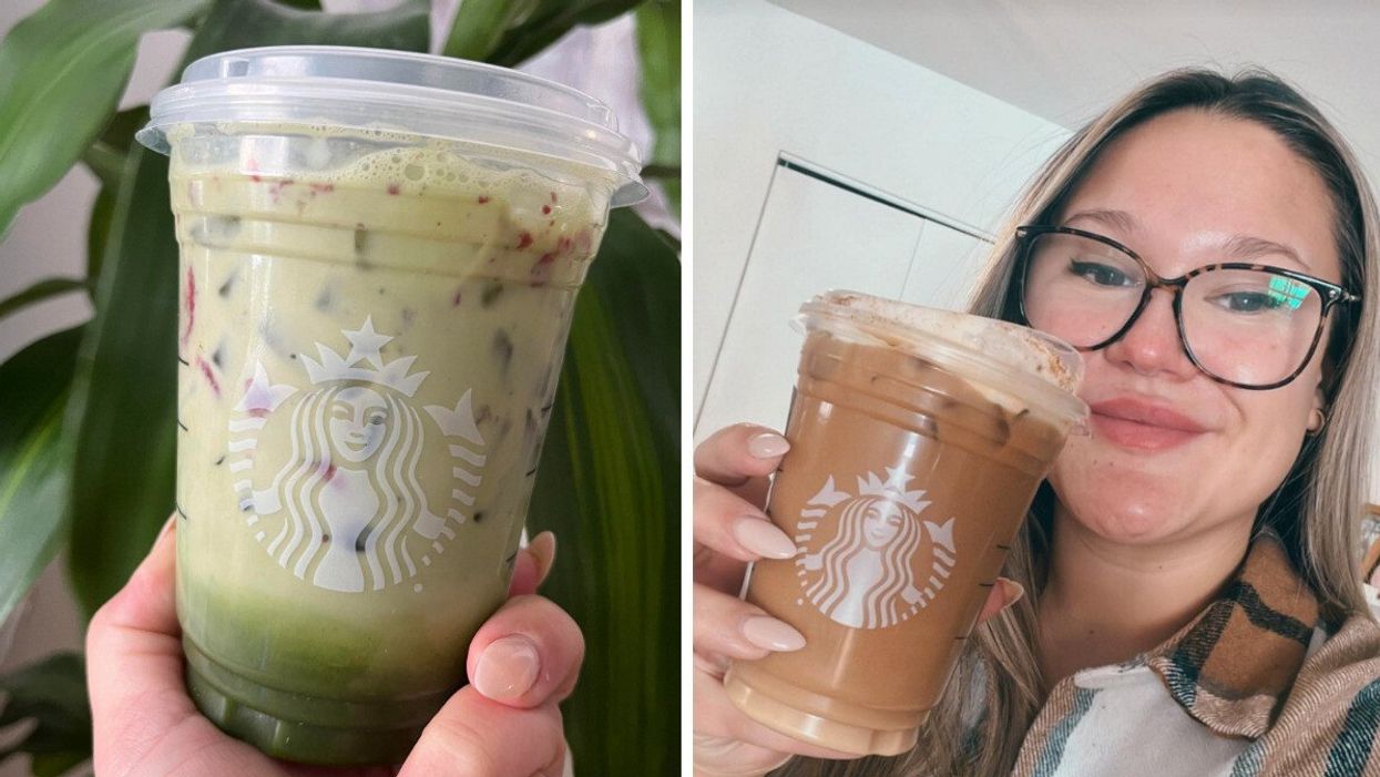 Nouveau matcha latte à la fraise. Droite : Nouveau café infusé à froid avec crème de caramel à la cannelle.