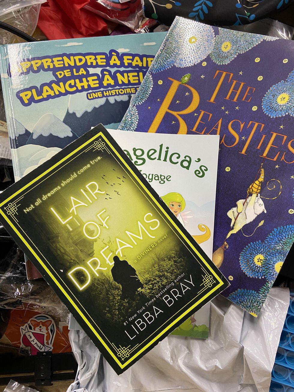 Novel and children's books in an overstock bin.