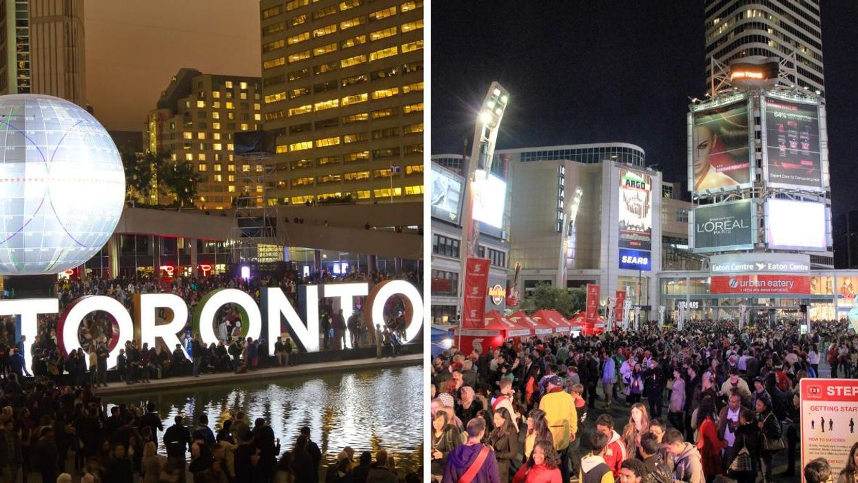 Nuit Blanche in Toronto. Right: Nuit Blanche crowds.