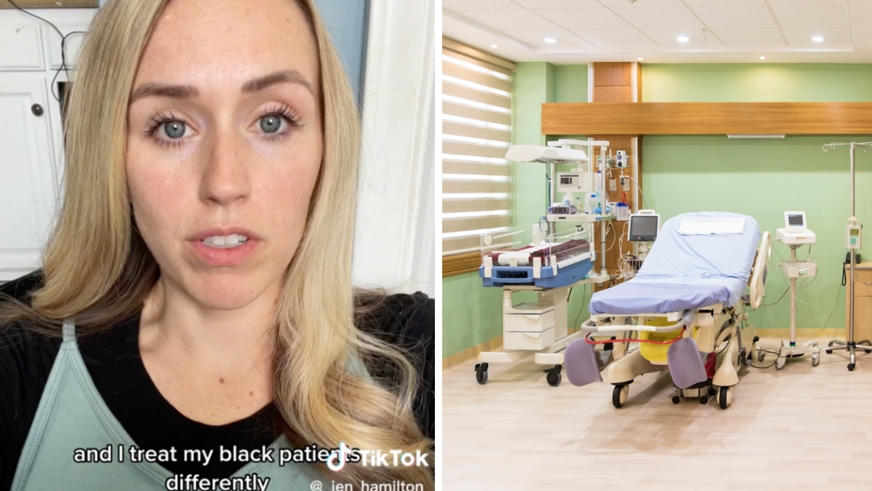 Nurse Jen Hamilton on TikTok. Right: An empty labor and delivery room.