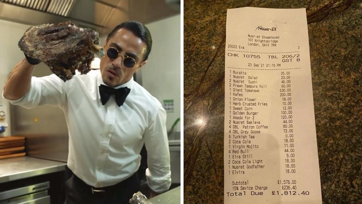 Nusret Gokce a.k.a. Salt Bae. Right: A viral receipt from Nusr-Et Steakhouse in Knightsbridge, London.
