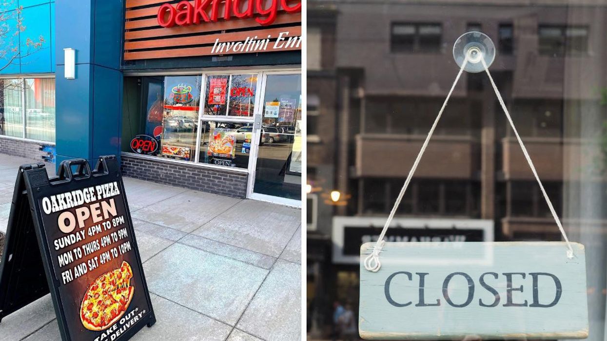Oakridge Pizza in Calgary. Right: A closed in sign in a window.