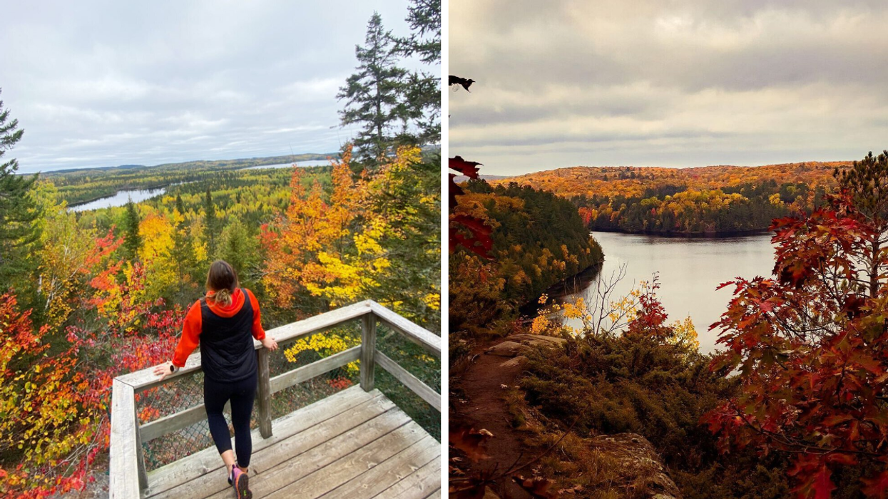 Observation deck in Halfway Lake Provincial Park. Right: Bright fall colours in Restoule Park.